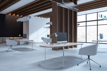 Bright concrete and wooden office interior with equipment, daylight and partitions. 3D Rendering.