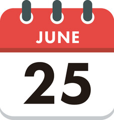 Flat Icon Calendar - 25 June. Vector flat daily calendar icon. Day and month.