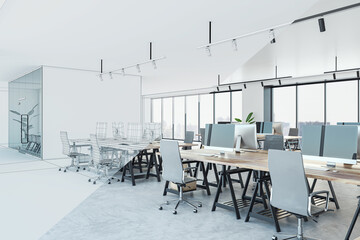 Bright projects of glass, wood and concrete office interior with furniture and equipment. Coworking space, interior designs, blueprint concept. 3D Rendering.