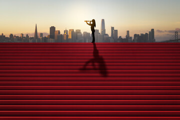 Side view of businesswoman silhouette with telescope looking into the distance on red stairs with...