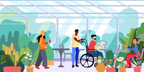 A girl brings coffee to a guy in a wheelchair.
