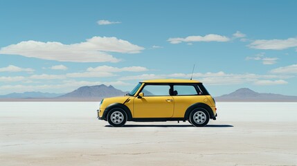 Obraz premium a small yellow car is parked in the middle of the desert. generative ai