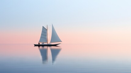Naklejka premium a sailboat floating on a calm lake at sunset or dawn. generative ai