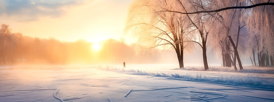 sunrise over frozen pond in park in winter, banner with copy space