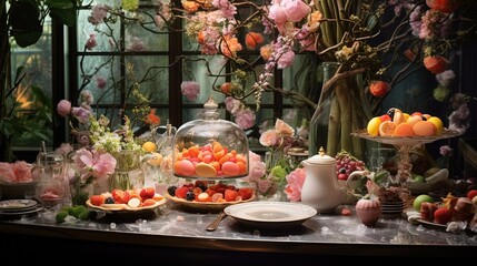 Naklejka na ściany i meble a table topped with lots of different types of fruit and flowers. generative ai