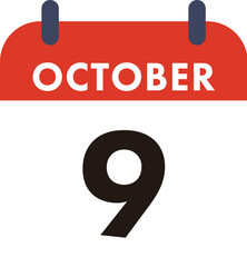 Flat Icon Calendar - 9 October. Vector flat daily calendar icon. Day and month.