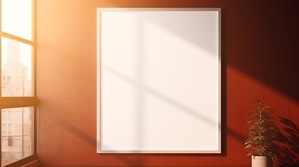minimalistic room interior with large white frame with empty white background. sunny day. Generative Ai