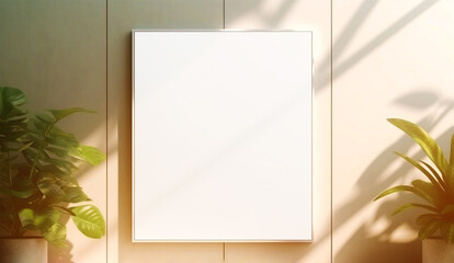 frame with empty white background on a light beige wall flooded with sunlight. Generative Ai