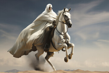 Obraz na płótnie Canvas an muslim woman warrior in hijab and veil on horse in the Arabian desert, hyper realistic, dramatic light and shadows, sun behind the storm clouds, create using generative AI tools