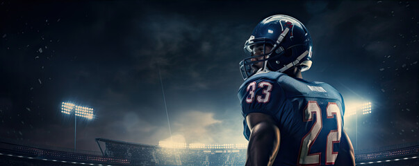 American football player on night stadium dark colors. action picture.  wide banner