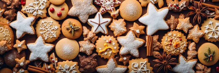 Various Christmas cookies, top view, food photography, background, banner