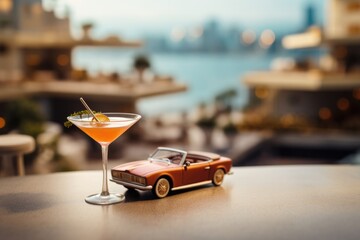 A glass of cocktail Side Car on blurry city skyline and a vintage miniature car background. - obrazy, fototapety, plakaty