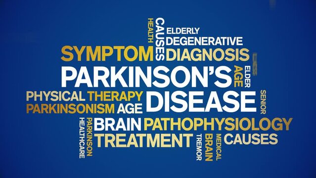 Parkinson's Disease animated tag word cloud;text design animation kinetic typography seamless loop.