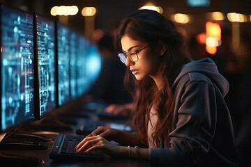 Young Indian girl programmer writing code on the keyboard, in the office space at night. - obrazy, fototapety, plakaty
