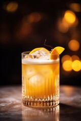 One close up view of cocktail Whisky Sour on blurry hotel background.