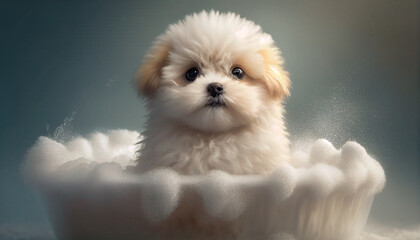 Сute fluffy bobtail puppy takes a bath filled with foam, a kawaii dog with fluffy fur sits in a...