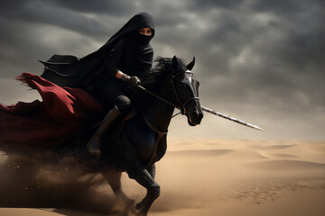 Naklejka premium an muslim woman warrior in hijab and veil on horse in the Arabian desert, hyper realistic, dramatic light and shadows, sun behind the storm clouds, create using generative AI tools