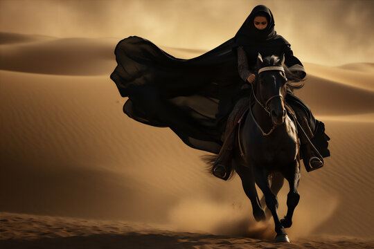 an muslim woman warrior in hijab and veil on horse in the Arabian desert, hyper realistic, dramatic light and shadows, sun behind the storm clouds, create using generative AI tools