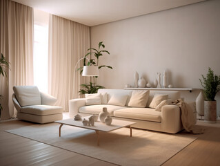 Minimalistic interior of a cozy living room in light colors, modern style