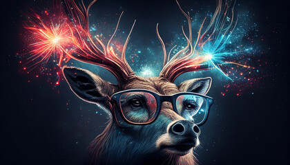Deer wearing glasses and watching fireworks on New Year's Eve. Generative AI - obrazy, fototapety, plakaty