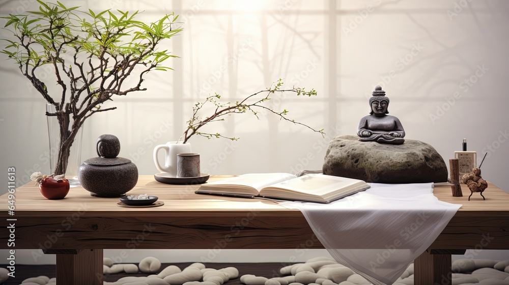 Poster a table topped with a book and a vase filled with flowers. generative ai