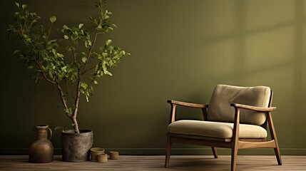  a wooden chair sitting next to a potted plant on a hard wood floor.  generative ai