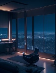 a nice and luxury office in a sky scraper with view of city in the night. AI Generated