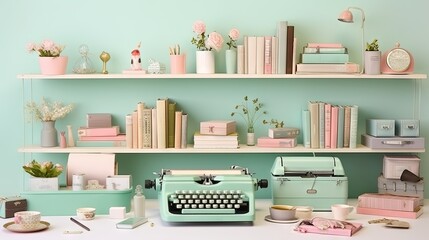  a desk with a typewriter, books, and other items on it.  generative ai