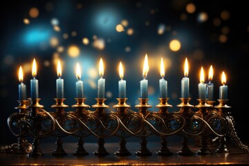 Traditional menorah with light. Hanukkah background - obrazy, fototapety, plakaty