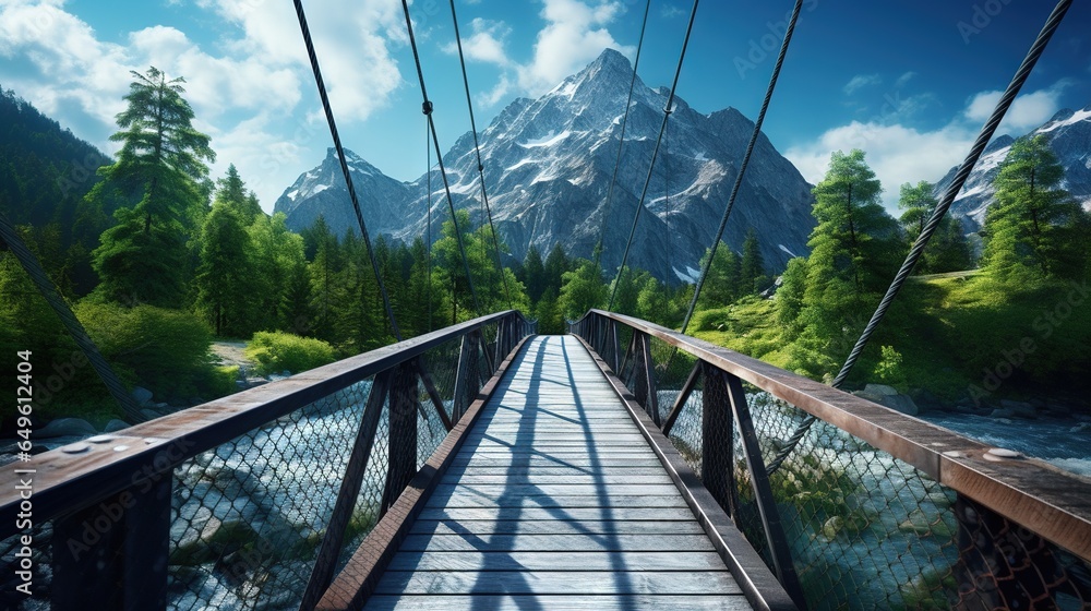 Poster a bridge that has a mountain in the background and trees on both sides. generative ai