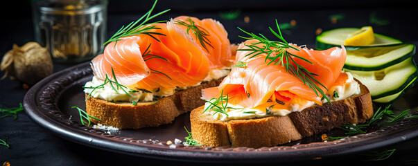 Fresh canapes topped with cheese, smoked salmon on bread. - obrazy, fototapety, plakaty