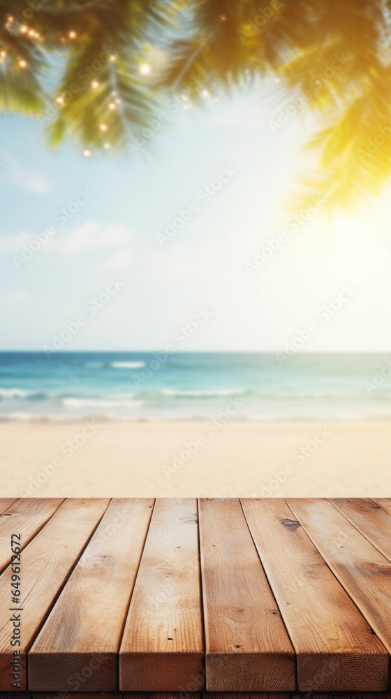 Poster empty wooden table top with bokeh on blur beach background