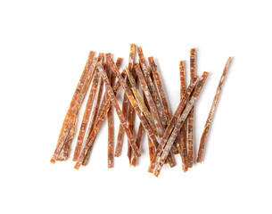 Fish Jerky Isolated, Dry Salted Seafood Snack, Hake Stockfish, Small Pieces of Dehydrated Pollock