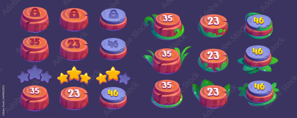 Poster indicators to select game level with star rating. gui wooden and stone pointers with grass - locked,