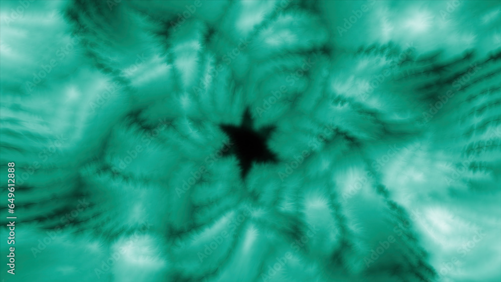 Poster green and turquoise tunnel. motion. a bright tunnel in the form of a flower made in computer graphic