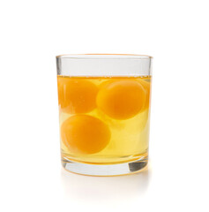 Broken Egg in Glass Isolated, Raw Yolk and White, Cracked Brown Shell, Fresh Broken Organic Chicken Eggs