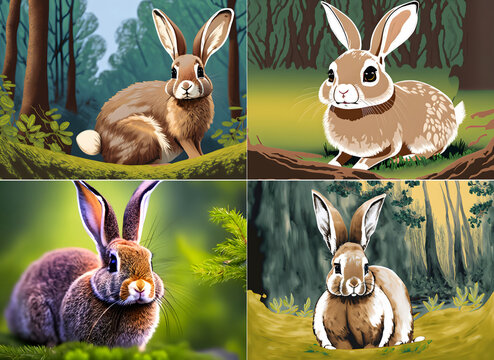 4 rabbits, hare in the forest, illustration