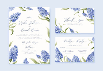 Watercolor Wedding antique invitation with blue hyacinth flowers, thank you and rsvp cards, vector template.