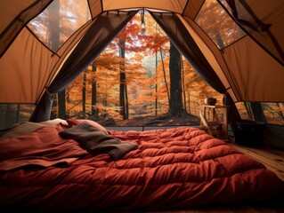 Traveler holding relaxing inside a orange tent and enjoy the view of sunset on autumn forest in national park Generative ai
