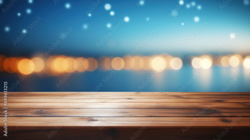 Poster empty wood plank table top with blur blue ocean and bokeh light. mock up for display or montage of p