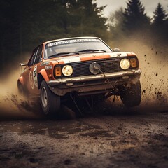 Obraz premium rally car in action on forest dirt road, ai generative