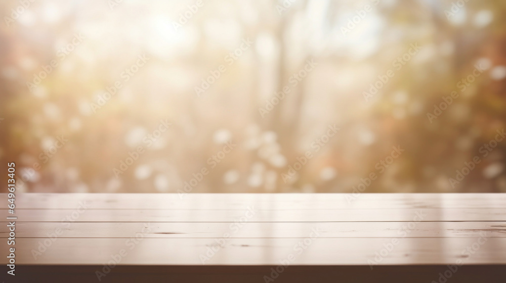 Poster empty white table blurred on soft light gently bokeh background