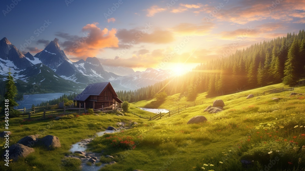 Poster a painting of a cabin on a grassy hill with a stream running through it. generative ai
