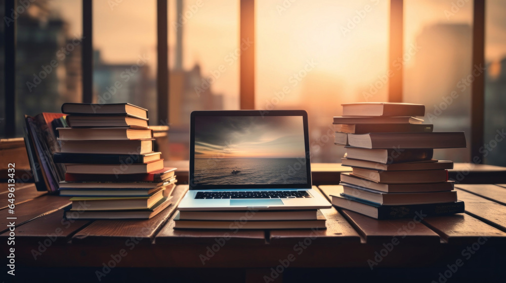 Wall mural stack of books with laptop on wooden table