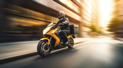 Fototapeta na wymiar Delivery man on a scooter speeding through the city