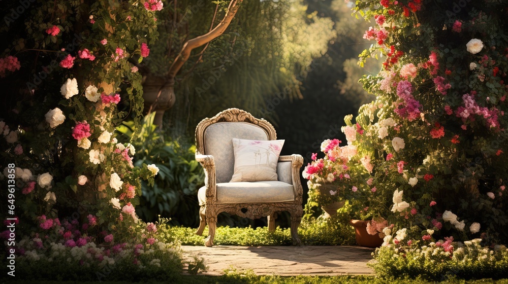 Poster a chair in a garden with flowers around it and a tree in the background. generative ai
