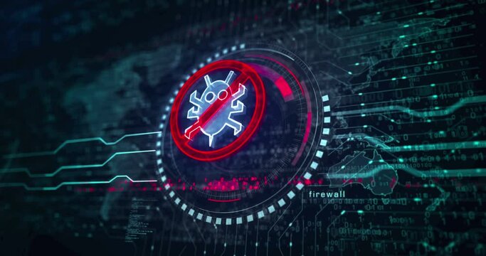 Antivirus cyber security virus detect system alert symbol abstract digital concept. Global network and cyber technology background seamless and looped 3d animation.