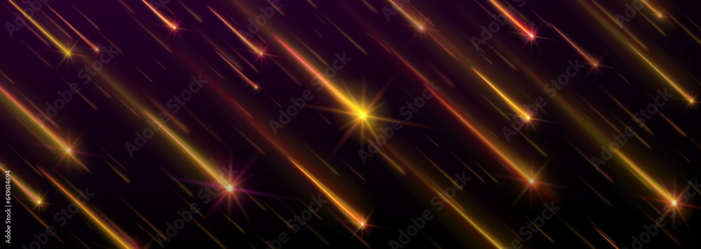 Poster space comet rain with golden falling star trails. realistic vector background with bright space mete