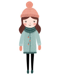 Cute funny girl in winter clothes. Hand drawn girl in fairy tale scandinavian style.