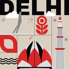 Delhi culture travel set, famous architectures and specialties in flat design. Business travel and tourism concept clipart. Image for presentation, banner, website, advert, flyer, roadmap, icons
